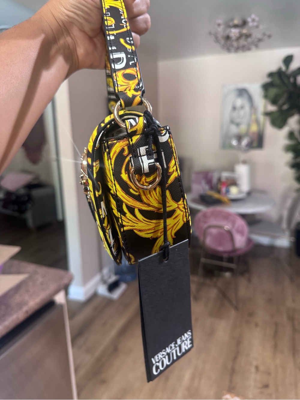 Versace Jeans Collection Black and Yellow Baroque Print Crossbody Bag